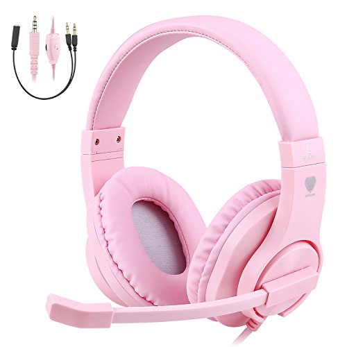 BlueFire Kids Headphones for Online School, Children, Teens, Boys, Girls, 3.5mm Stereo Over-Ear Gaming Headphone with Microphone and Volume Control for PS4, PS5, New Xbox One（Pink）