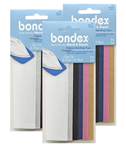 Bondex Mend and Repair with No Sew Iron-On Patch Fabric Mending Tape 1.25x7' (3.175cm x 17.78cm) White, Beige, Black, Navy, Pink, Tan (6pc) (3pk)
