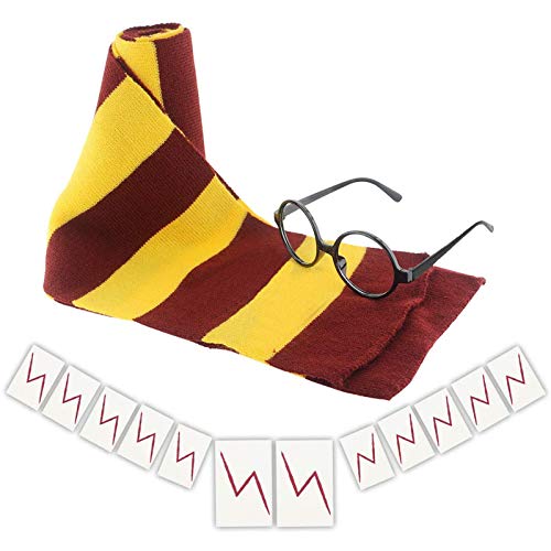 Novelty Scarf Wizard Glasses with Round Frame No Lenses 12 PCs Lightning Bolt Tattoos for Kids Christmas Birthday Party Cosplay Costume Accessories