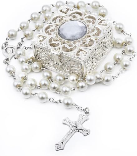 FLAFARY First Communion Rosary for Girls and Boys, Rosary Beads Catholic for Men, Women and Kids Pack in Holy Cup Metal Box, Rosary Necklace as Gifts for Mother, Grandmother, Elders(White)