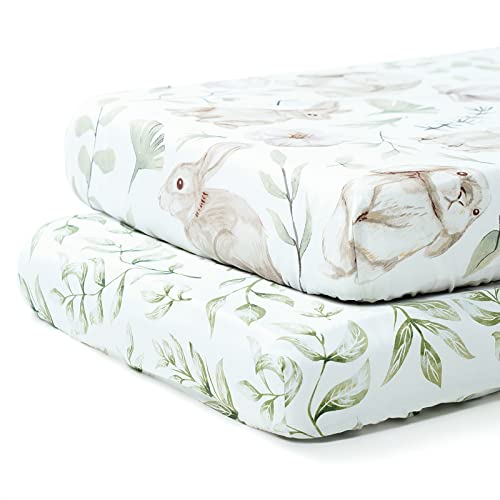 TCBunny 2 Pack Premium Fitted Baby Crib Sheets for Standard Crib Mattress - Ultra-Soft Cotton, Stylish Rabbit, and Garden Pattern, Safe and Snug for Baby, Boys and Girls, 28' x 52'