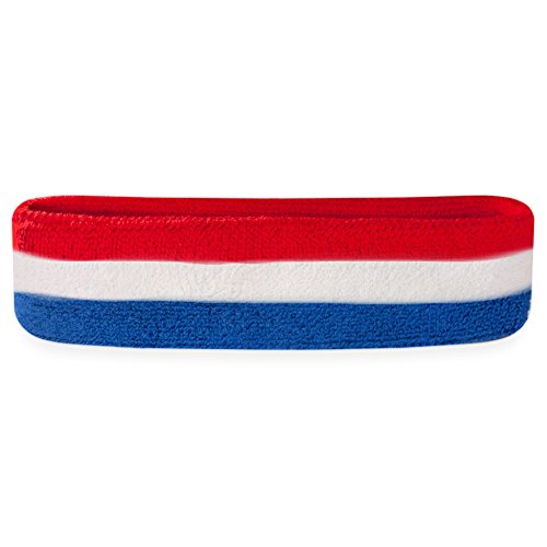Suddora Workout Headband for Men and Women, Moisture-Wicking Athletic Sweatband, Lightweight Cotton Terry Cloth Bands for Basketball, Tennis,Football, Gym, Running,Cosplay & Costumes(Red, White, Blue)