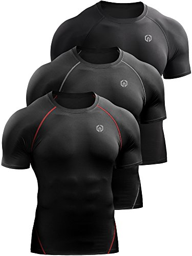 NELEUS Men's 3 Pack Compression Baselayer Athletic Workout T Shirts,5022,Black,Black(Grey),Black(red),US L,EU XL
