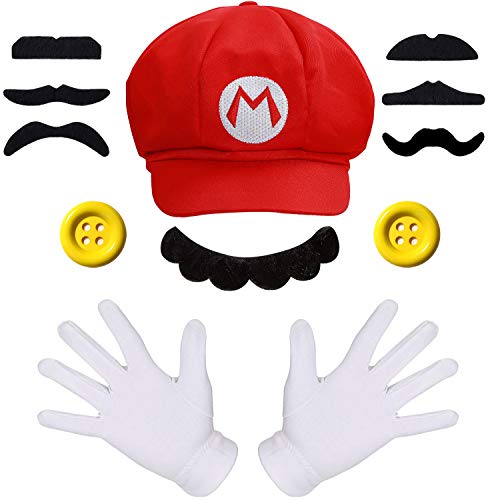 Humairc Super Bros Mari and Luigi Hats Caps Mustaches Gloves Buttons Cosplay Costume (Red Mario)