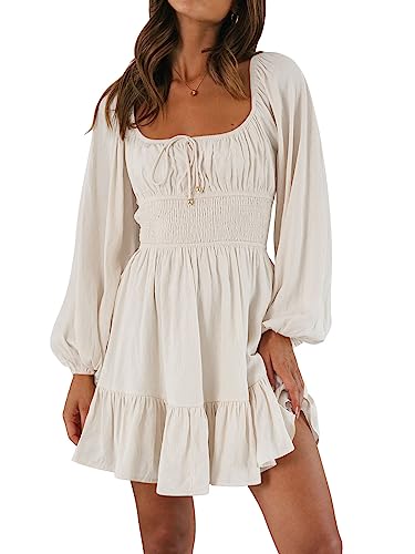 LILLUSORY Summer Dresses for Women 2024 Summer Fashion Trendy Square Neck Mini Cottagecore Casual Smocked Flowy Short Dress Apricot
