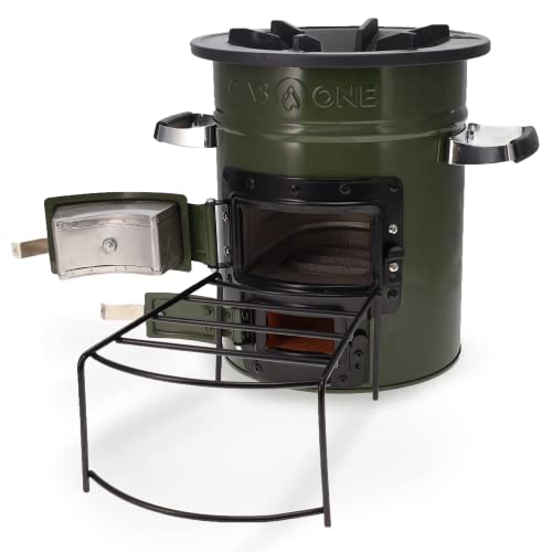 GasOne Premium Wood Burning Rocket Stove Camping for Backpacking, Hiking, RV and Survival - Insulated Barrel Stove Kit with Silicone Handles – Military Green