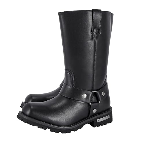 Dream Apparel Men's 12' Harness Motorcycle Boots for Riding, Square Toe Biker Boots, Knee High Boots with Full Length Side Zipper, Black PU Leather Mid Calf Boots, 10.5