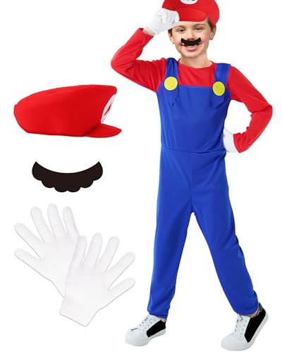 SALACOOL Mario Costume for Kids-Halloween Plumber Costume for Boys with Accessory