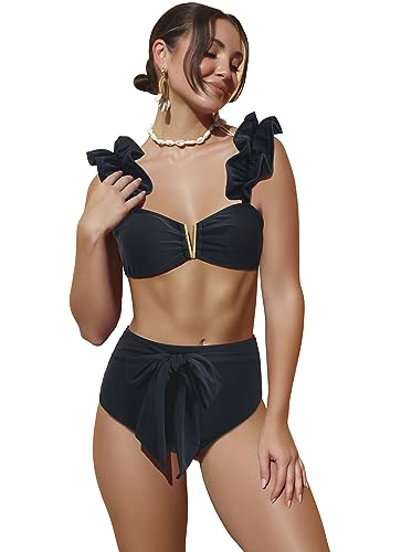 SPORLIKE Women High Waisted Swimsuit Ruffle Adjustable Straps Bikini Tie Back Bathing Suit(Black-2,Medium)