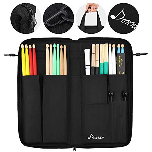 Donner Drumsticks Bag Holder Thickened Large Capacity Drum Sticks Bag Hangable Portable for Drumsticks Brushes Mallets Up to 12 Pairs, Black