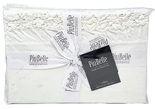 Piu Belle PiuBelle Portugal 4 Piece Soft 100% Cotton Crochet Lace Frayed Ruffle White Sheet Set Luxury Shabby Chic Style (Queen (U.S. Standard))