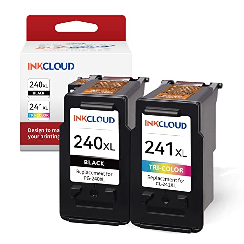 INKCLOUD Compatible Ink Cartridges Replacement for Canon PG-240XL CL-241XL 240 XL 241 XL for Canon MG3620 MG3600 MG3220 MG3222 MG2120 TS5120 MX472 MX452 MX512 MX532 Printer Ink (1 Black, 1 Tri-Color)