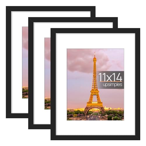 upsimples 11x14 Picture Frame Set of 3, Made of High Definition Glass for 8x10 with Mat or 11x14 Without Mat, Wall and Tabletop Display Photo Frames, Black