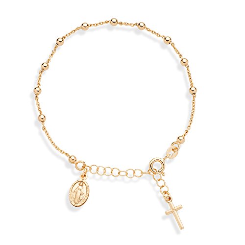 Miabella 18K Gold Over Sterling Silver Italian Rosary Cross Bead Charm Link Chain Bracelet for Women Teen Girls, Adjustable, 925 Made in Italy (Length 7 to 8 Inch)