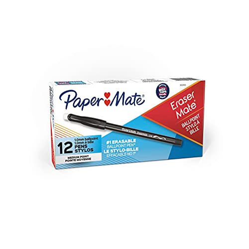 Paper Mate EraserMate Erasable Pen, Medium Point, Black, Box of 12