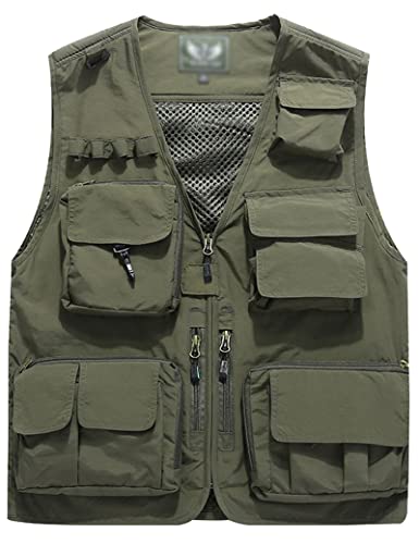 Flygo Men's Casual Lightweight Outdoor Travel Fishing Vest Jacket Multi Pockets (Medium, Army Green)