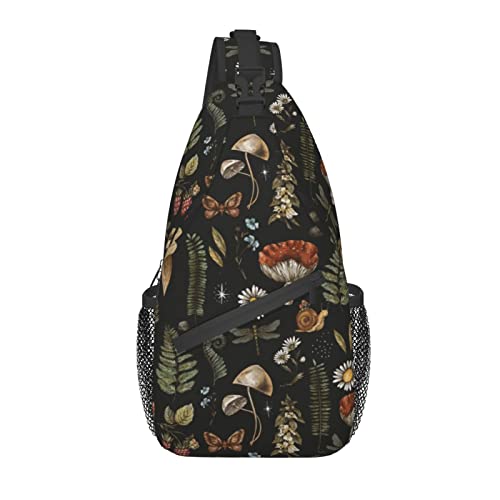 SUPLUCHOM Sling Bag Vintage Mushroom Leaf Forest Hiking Daypack Crossbody Shoulder Backpack Travel Chest Pack for Men Women Over 12 Years Old