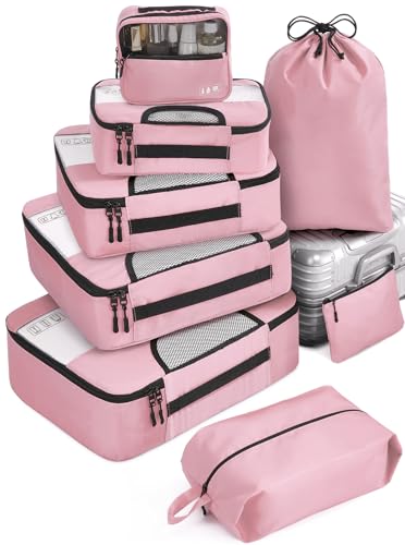 Veken 8 Set Packing Cubes for Suitcases, Travel Essentials for Carry on, Luggage Organizer Bags Set for Travel Accessories in 4 Sizes(Extra Large, Large, Medium, Small), Pink