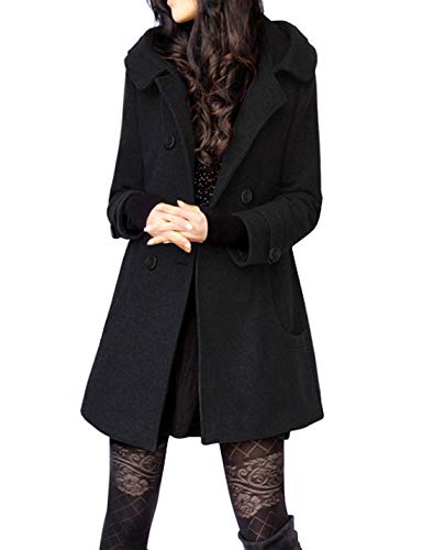 Tanming Women's Warm Double Breasted Wool Pea Coat Trench Coat Jacket with Hood (Black-L)