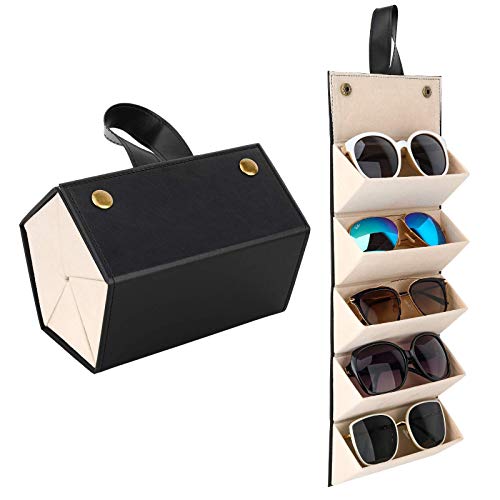 Mowsug Multiple Travel Sunglasses Organizer Case - PU Leather Hanging Foldable Eyeglasses Case Storage Box for Men Women (gray)