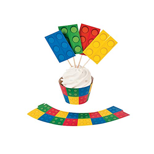 Color Brick Party Paper Cupcake Wrappers with Wooden Picks - 8.25' x 2'; 4.5' | Multicolor | Pack of 100
