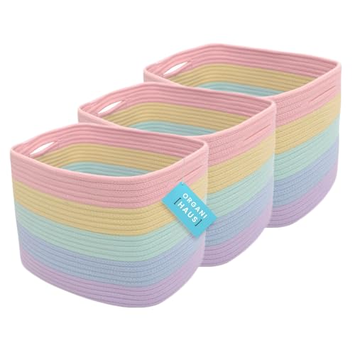 OrganiHaus Set of 3 Cute Rainbow Storage Basket for Toys & Cloths | Cotton Rope Basket for Decor | Shoe Basket Organizers & Storage | Decorative Storage Baskets & Bins | Woven Baskets for Storage