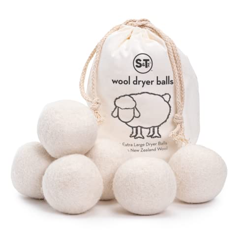 S&T INC. XL New Zealand Wool Dryer Balls, Fabric Softener for Laundry, Natural White, 2.9 in, 6 Pack