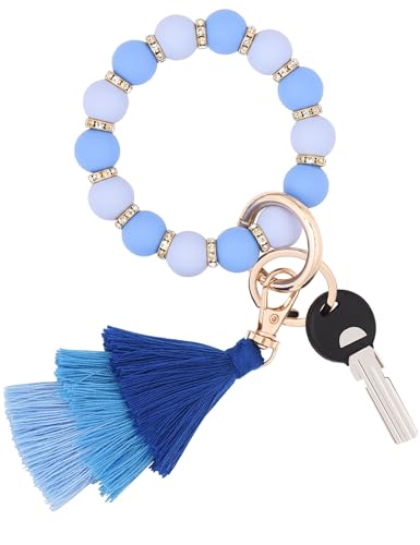 Donouzair Silicone Bead Keychain Bracelet,Key Ring Bracelet Wristlet Tassel Key chain for Women with Gift Box(Blue)