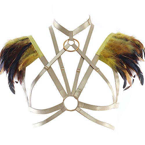 Body Harness Gothic Feather Harness Lingerie Green Strap Feather Wings Bralette for Women Burning Man Art Festival Clothing (Yellow)