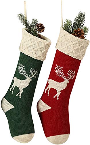 Guojanfon Christmas Stockings,Big Size 2Pack 18-Inch Extra Long Hand-Knitted Red/Green Reindeer Snowflakes Xmas Character for Family Holiday Season Decor