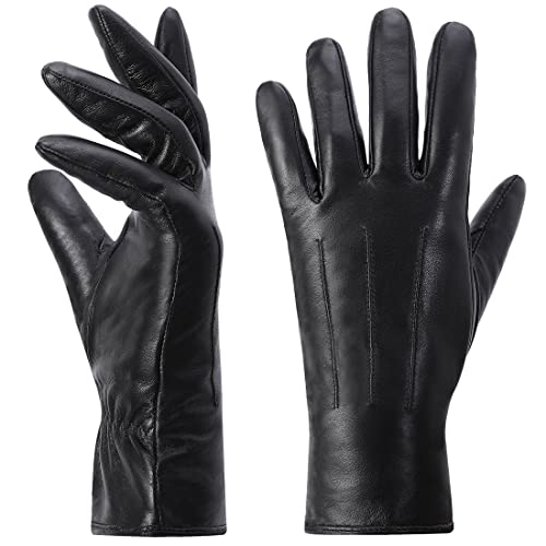 Harssidanzar Women Winter Leather Gloves Touchscreen Texting Cashmere Lining Warm Driving Motorcycle Dress Gloves GL017,Black,Size S