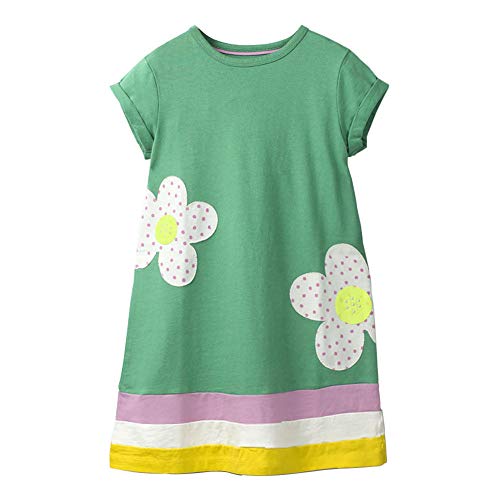 HILEELANG Easter Dress Little Girl White Flower Green Organic Cotton Casual Spring Summer Dress Short Sleeve