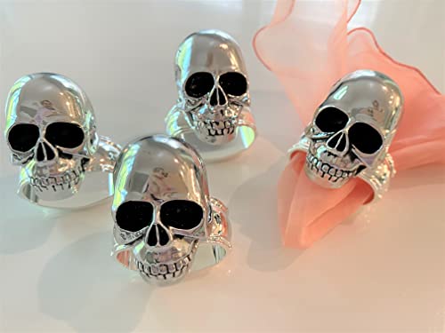 Hans Turnwald Set 4 Goth Skull Silver Figural Napkin Rings New, Signed, Spooky Halloween Decor