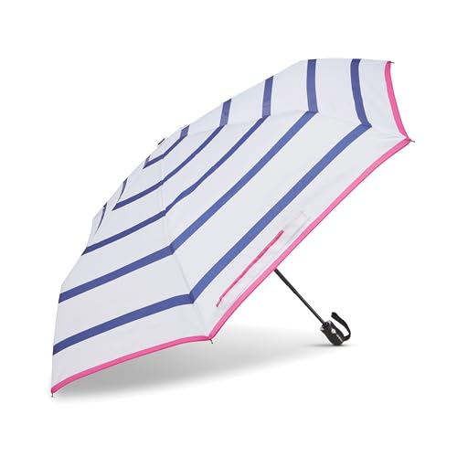 Samsonite Compact Auto Open/Close Umbrella, One Size, White/Blue/Pink Stripe