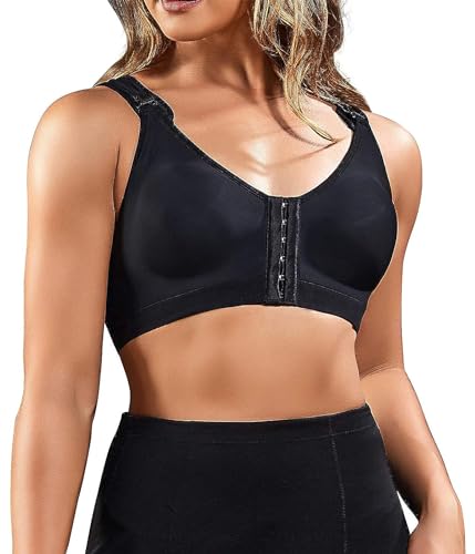 BRABIC Women Post-Surgical Sports Support Bra Front Closure with Adjustable Straps Wirefree Racerback (Black, L (fit for 36B 36C 36D 38A))