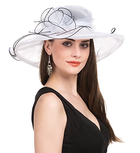 SAFERIN Women's Organza Church Kentucky Derby Fascinator Bridal Tea Party Wedding Hat (YW-White Black Line)