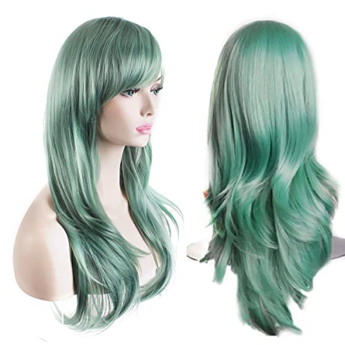 AKStore Women’s Heat Resistant 28-Inch 70cm Long Curly Hair Wig with Wig Cap, Green