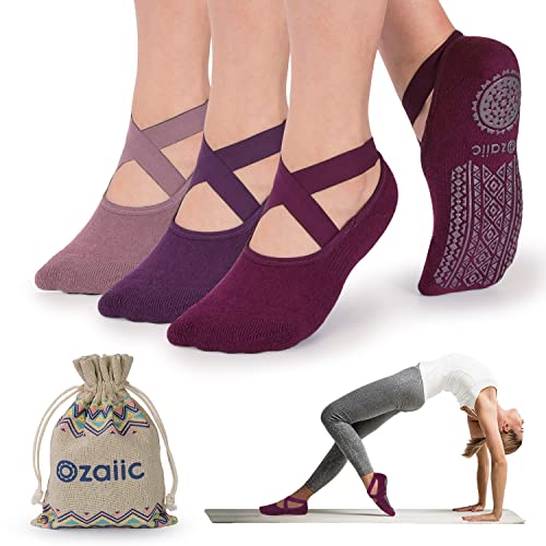 Ozaiic Yoga Socks for Women Non-Slip Grips & Straps, Ideal for Pilates, Pure Barre, Ballet, Dance, Barefoot Workout (3 Pairs-Purple/Rose Red/Bean Red)