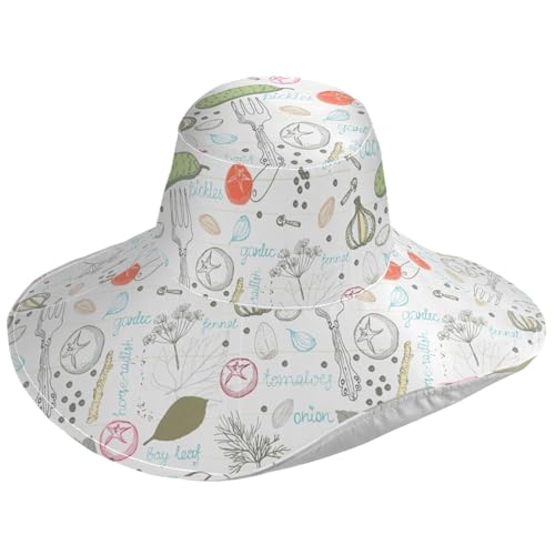 Pfrewn Gardening Hat for Women Sun Hat Wide Brim Beach Sun Protection Breathable Cotton Summer Hat with Fold-Up Brim, Pickling Vegetable Multi