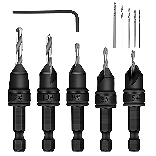 MulWark 82° Countersink Drill Bit Set incl. 5pcs Free Replaceable HSS Drill Bits for Wood｜3/8' Quick-Change -Chamfered Adjustable Drilling Tool Kit on Pilot Counter Sink Holes for Woodworking- 5 Pack