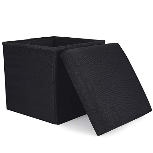 WoneNice Folding Storage Ottoman, Versatile Space-Saving Storage Cube Box with Memory Foam Seat, Max Load 100 kg Linen Black 12 x 12 x 12 Inch