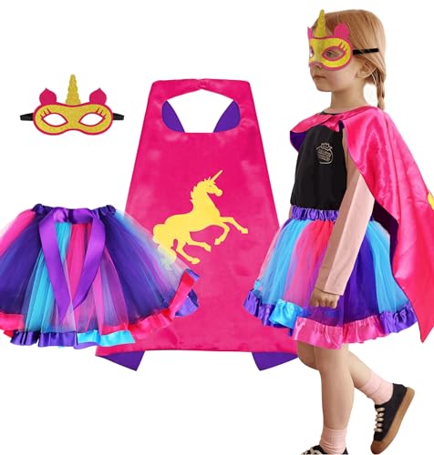 D.Q.Z Kids Superhero Cape and Mask Tutu for Girls Superhero Costumes, Birthday Gifts for Unicorn Princess Dress Up Party (Rose)