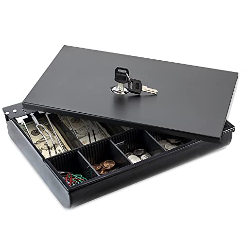 Volcora Cash Drawer Tray with Locking Cover - 11.7 x 10.3 x 2.3 Inch Metal Cash Lock Box with Lid - 4 Bill/5 Coin Money Organizer for Volocara 13' Fully-Removable Cash Drawers - For Business Use