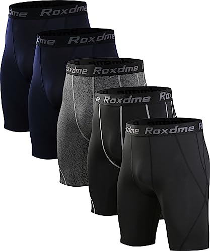 Roxdme 5 Pack Compression Shorts Men Spandex Sport Shorts Athletic Workout Running Tights Performance Underwear Black(2pcs)+Navy(2pcs)+Gray(1pcs)-M