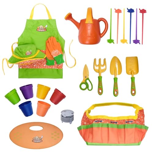 Curious Gardener 30-Piece Gardening Toy Collection for Kids, Garden Set Tools and Textiles for Indoor and Outdoor Planting, Includes Apron, Storage Tote, Hat, Shovel, and More