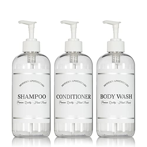 Clear Refillable Shampoo and Conditioner Bottles - Body Wash, Shampoo and Conditioner Dispenser - PET Plastic Shampoo Bottles Refillable with Pump - Waterproof Labels - 16 oz, 3 Pack (White Plastic)