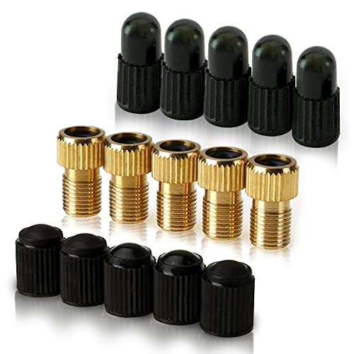 Brass Presta Valve Adaptor (Pack of 5 + 10 Caps) - Convert Presta to Schrader for All Types of Bikes, e-Bikes, and e-Scooters - Inflate Tire Using Standard Pump or Air Compressor - by Mobi Lock