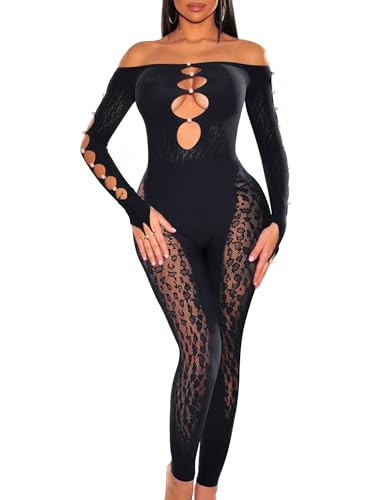 ZileZile Women's Sexy See Through Off Shoulder Mesh Long Sleeve Cut Out Jumpsuit Black