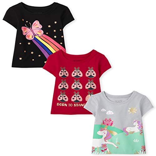 The Children's Place Baby Toddler Girls Short Sleeve Multi Color Graphic T-Shirt, 3 Pack, Shooting Butterfly/Ladybugs/Unicorns, 3T