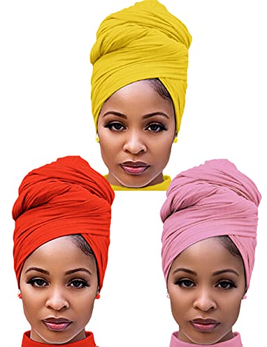 Harewom Jersey Hijab Turban Headwrap Scarf for Black Women Hair Wrap Band Pack (Orange&Yellow&Pink)